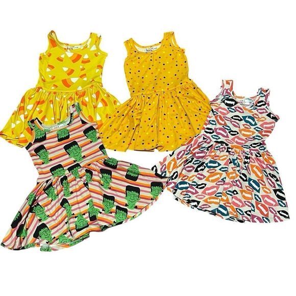 Dot Dot Smile 4 Sleeveless Halloween Dresses Orange Yellow Green Pink 12/24 mos - Picture 1 of 13